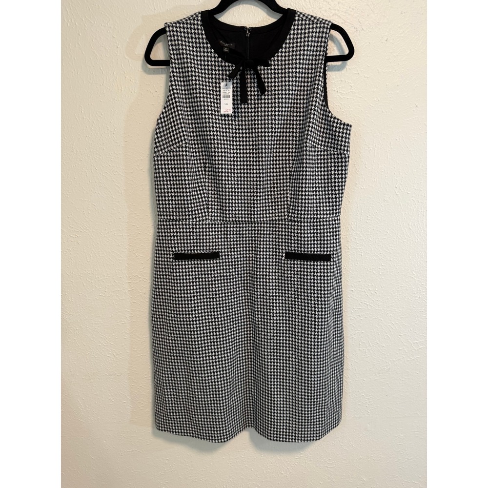 Talbots Black White Houndstooth Bow Neck Sleeveless Shift Dress 14P Petite NWT
